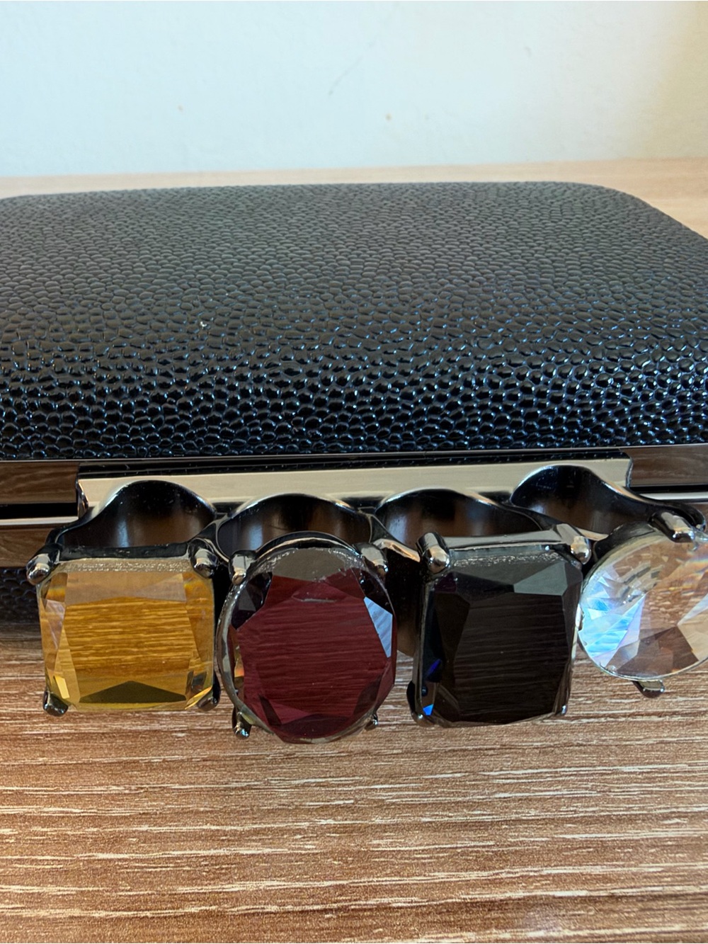 Men's Black Jeweled Knuckle Clutch with Multicolor Gem Accents